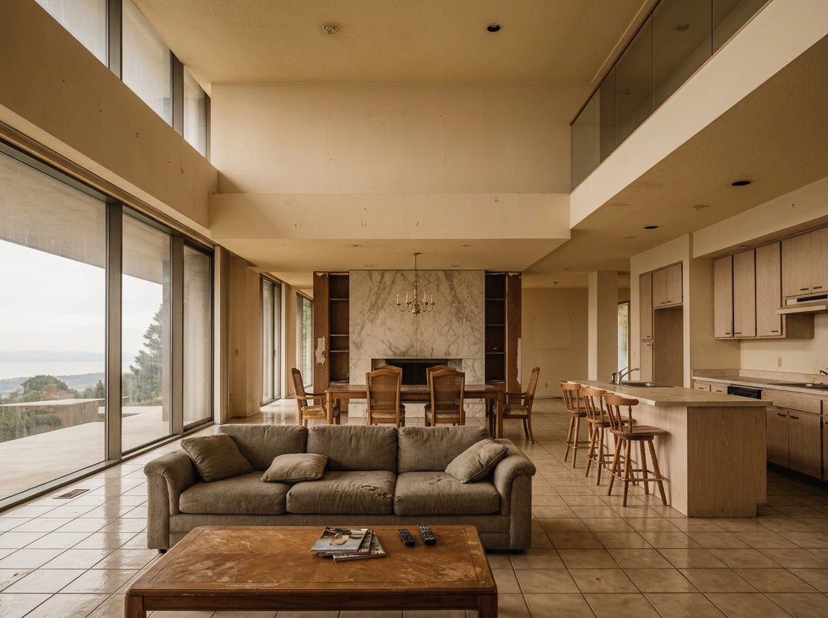 Open-plan living and dining space in a fully renovated Arabian Ranches villa before renovation