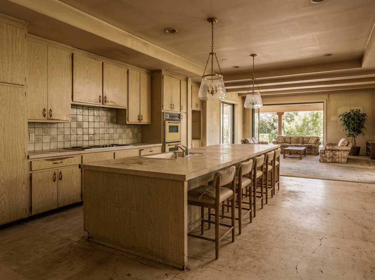 Kitchen open to living area in a fully renovated villa in The Springs before renovation