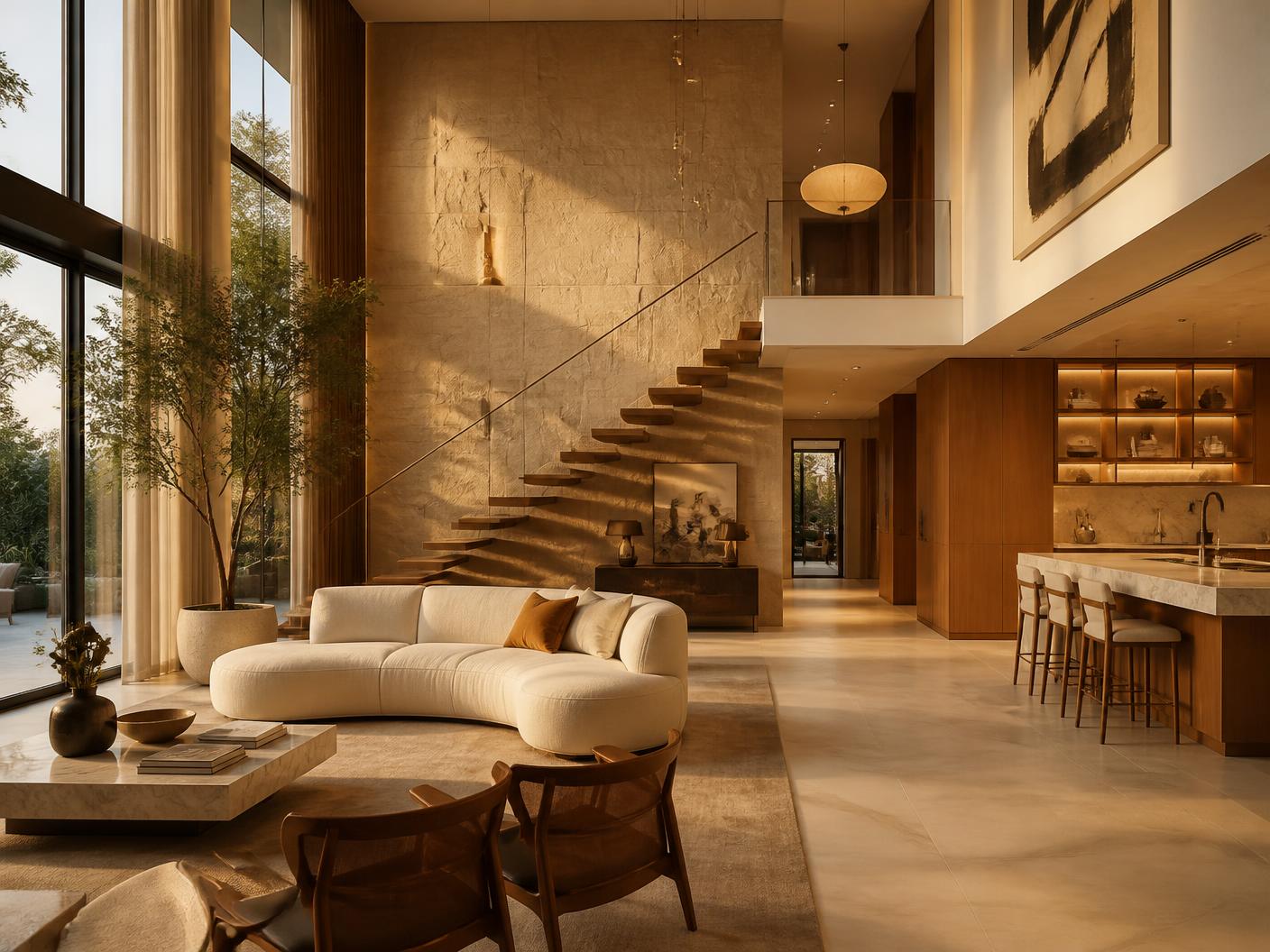 Double-height villa living space after the full renovation