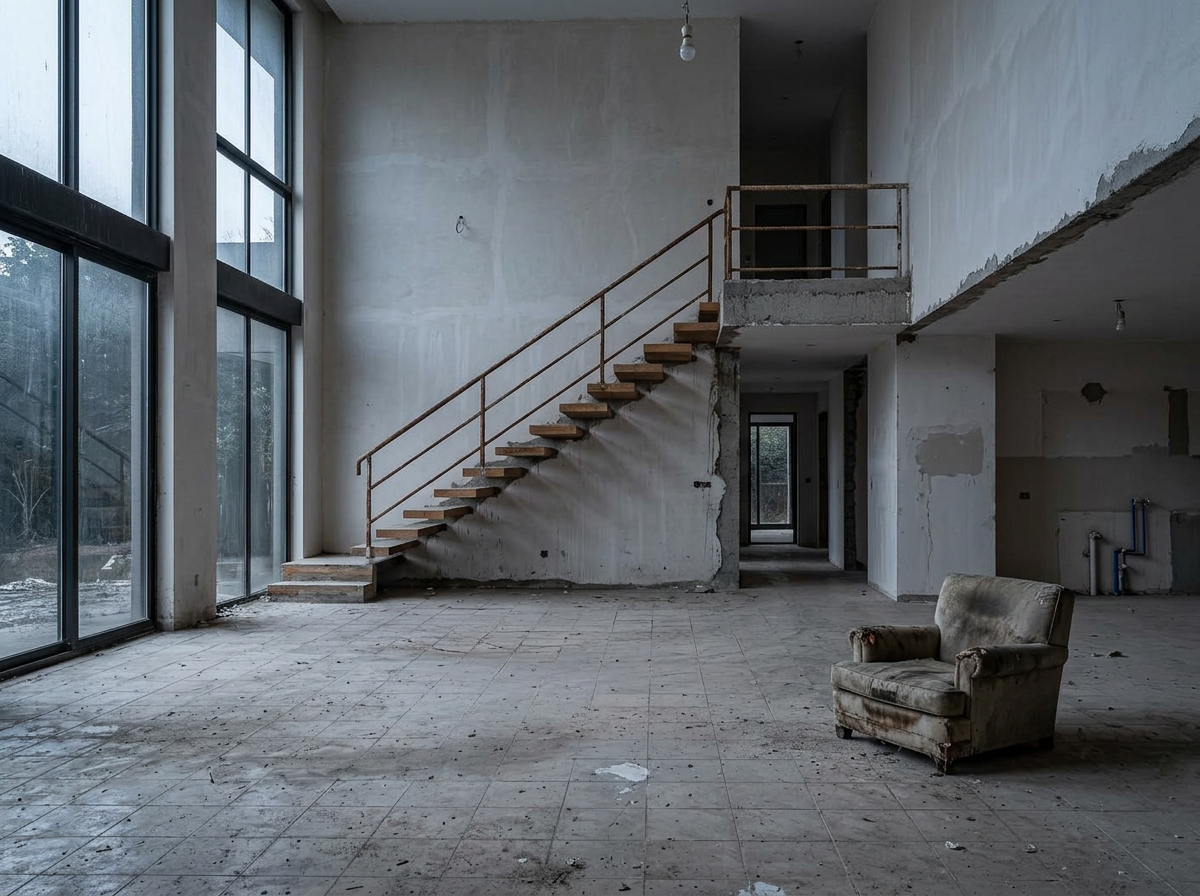 Double-height villa living space before the full renovation